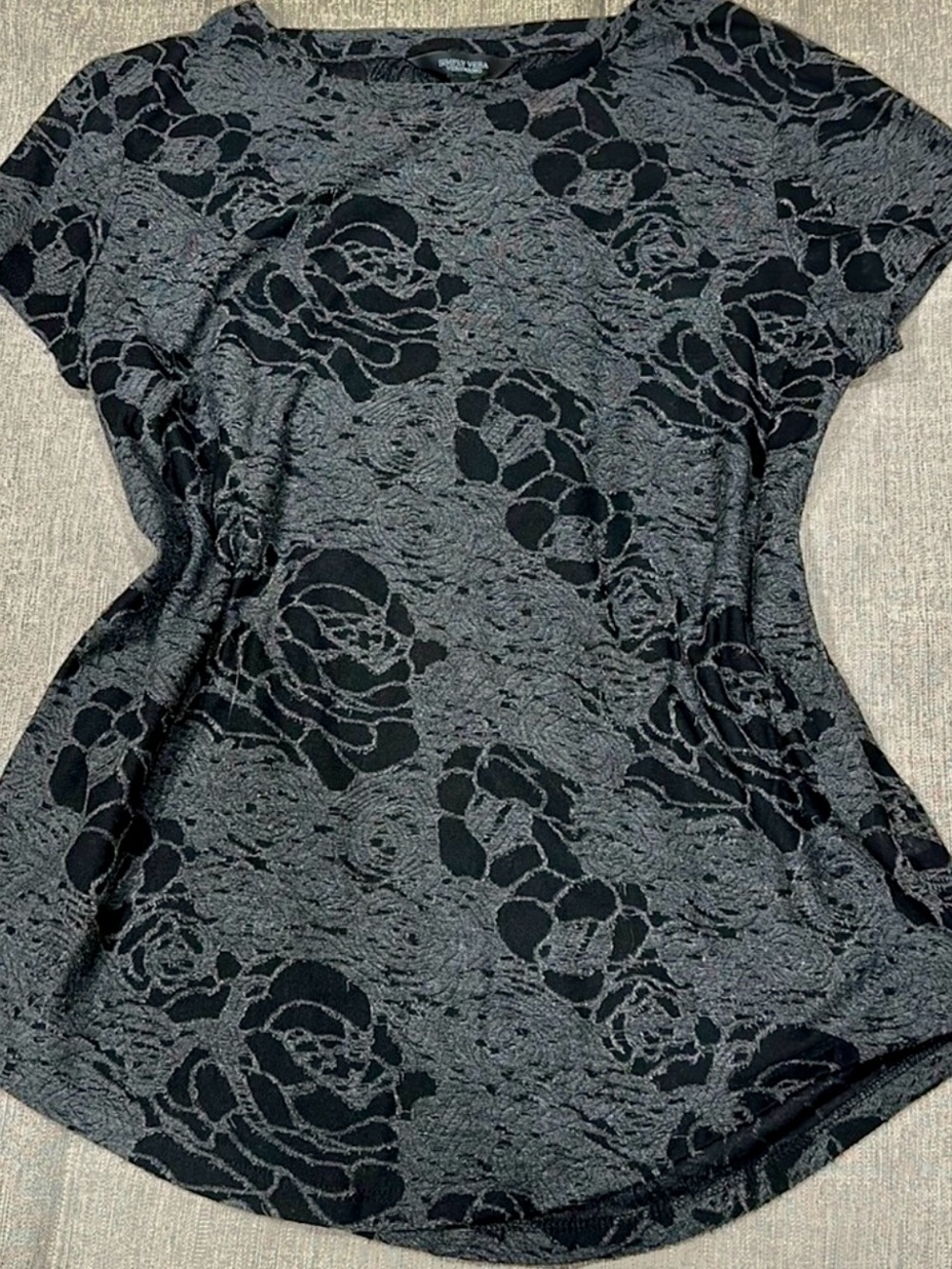 Simply Vera Vera Wang Black and Gray Distressed Floral Lace-Effect Top